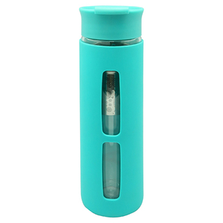 Botella de cristal 380ml de la pared doble con el tamiz, funda del silicón